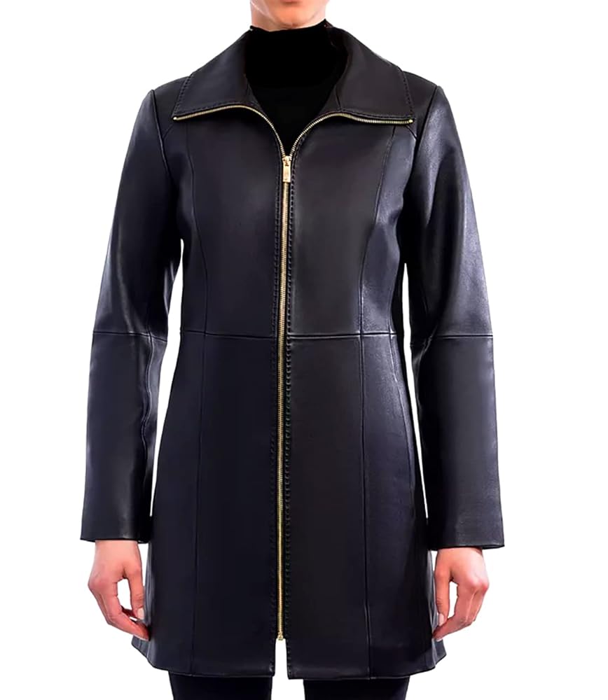Anne Klein Womens Mid-Length Zipper Black Leather Jacket